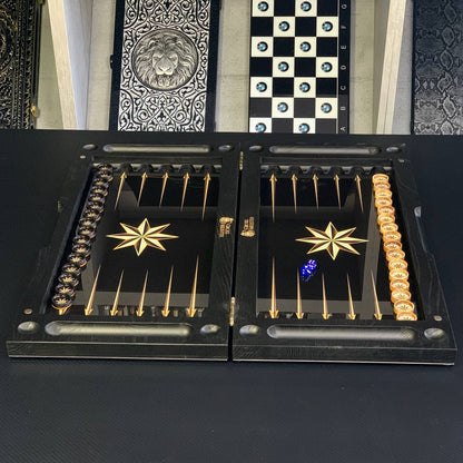 Backgammon exclusif en verre et bois avec étoile. Prêt à offrir et personnalisable.