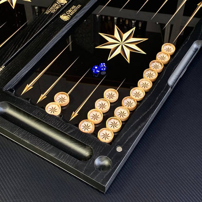 Backgammon exclusif en verre et bois avec étoile. Prêt à offrir et personnalisable.