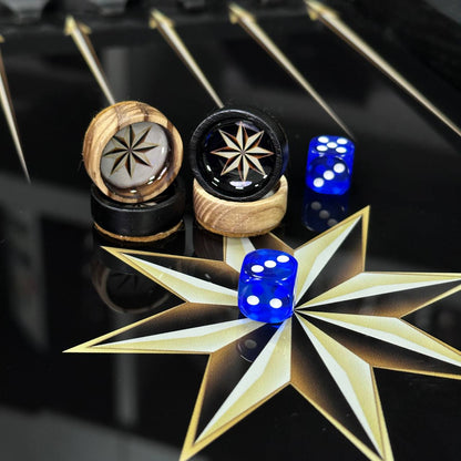 Backgammon exclusif en verre et bois avec étoile. Prêt à offrir et personnalisable.