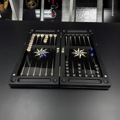 Backgammon exclusif en verre et bois avec étoile. Prêt à offrir et personnalisable.