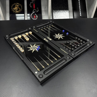 Backgammon exclusif en verre et bois avec étoile. Prêt à offrir et personnalisable.