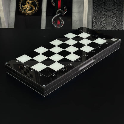 Jeu d'échecs et de backgammon en verre 3 en 1 dans un cadre en bois, 2 tailles, un jeu de société luxueux prêt à offrir