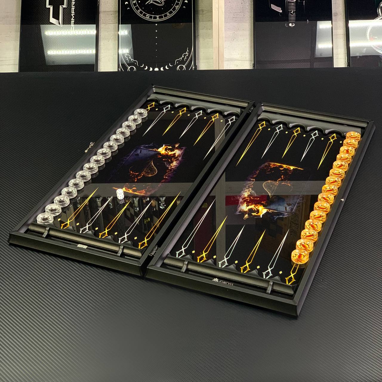 Glas-Backgammon, stilvolles Backgammon-Brett „Löwe“, 60×30 cm, Glas-Backgammon