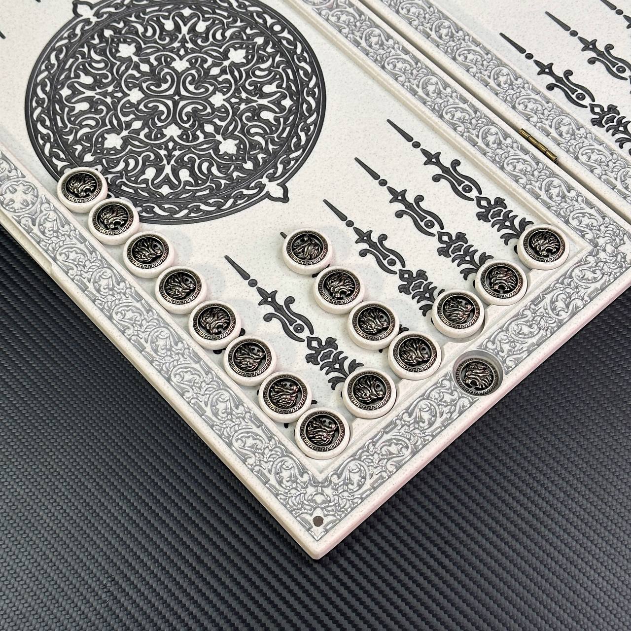 Backgammon de luxe en PIERRE ACRYLIQUE blanche X Large Jeu de société fait main, prêt à offrir