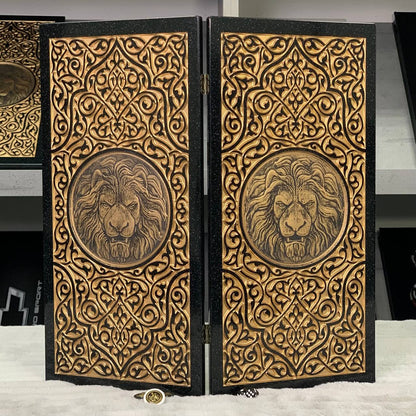 Luxus Backgammon aus schwarzem Acrylstein "Goldener Löwe" 47 x 23 cm Geschenkfertig | Kostenlose weltweite Lieferung