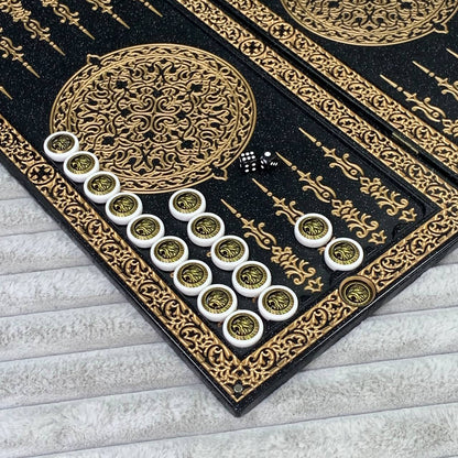 Luxus Backgammon aus schwarzem Acrylstein "Goldener Löwe" 47 x 23 cm Geschenkfertig | Kostenlose weltweite Lieferung