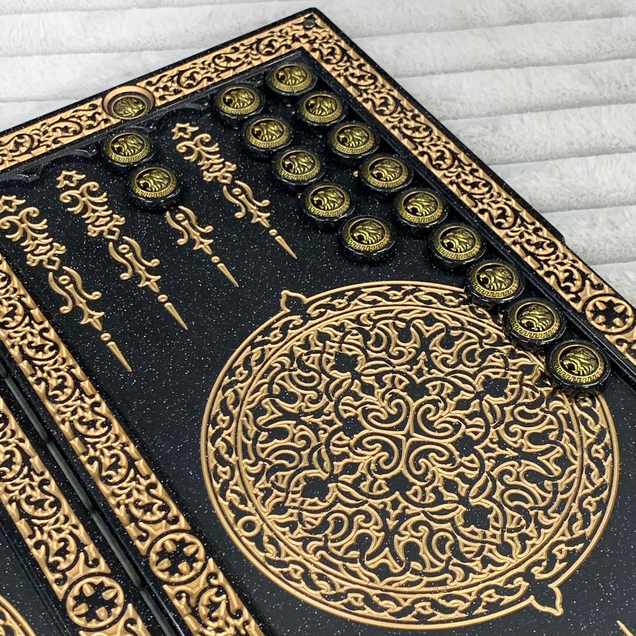 Luxus Backgammon aus schwarzem Acrylstein "Goldener Löwe" 47 x 23 cm Geschenkfertig | Kostenlose weltweite Lieferung