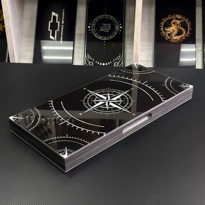 Luxuriöses Backgammon-Set aus Glas und Holz mit Kompass, Stern, Windrose, individuell anpassbar und als Geschenk geeignet
