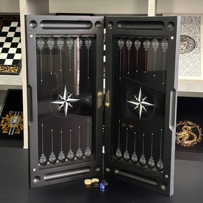 Luxuriöses Backgammon-Set aus Glas und Holz mit Kompass, Stern, Windrose, individuell anpassbar und als Geschenk geeignet