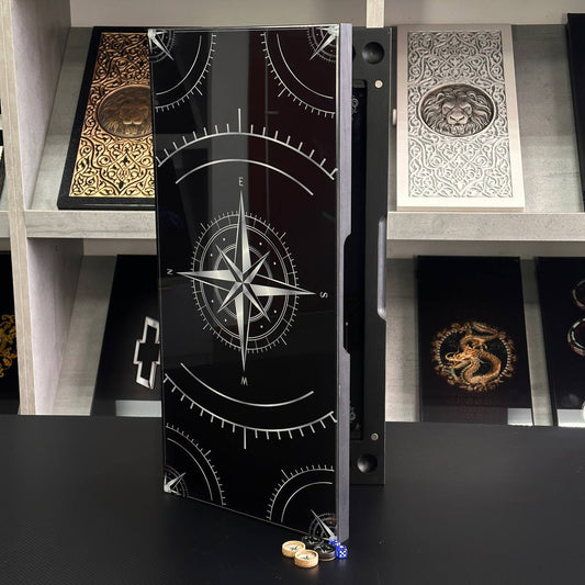 Luxury Glass&Wood Backgammon Set with Compass Star Wind Rose, Customized and Gift-ready