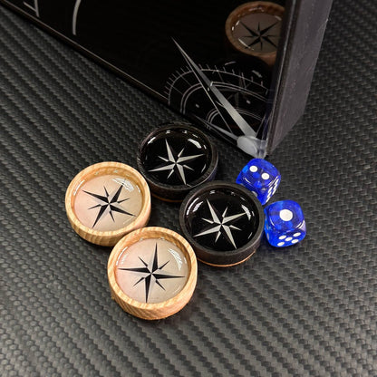 Luxuriöses Backgammon-Set aus Glas und Holz mit Kompass, Stern, Windrose, individuell anpassbar und als Geschenk geeignet