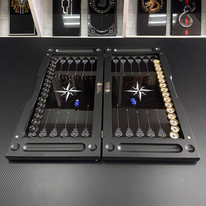 Luxuriöses Backgammon-Set aus Glas und Holz mit Kompass, Stern, Windrose, individuell anpassbar und als Geschenk geeignet