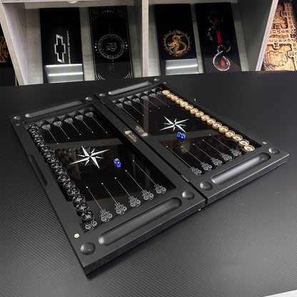 Luxuriöses Backgammon-Set aus Glas und Holz mit Kompass, Stern, Windrose, individuell anpassbar und als Geschenk geeignet