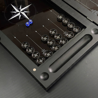 Luxuriöses Backgammon-Set aus Glas und Holz mit Kompass, Stern, Windrose, individuell anpassbar und als Geschenk geeignet