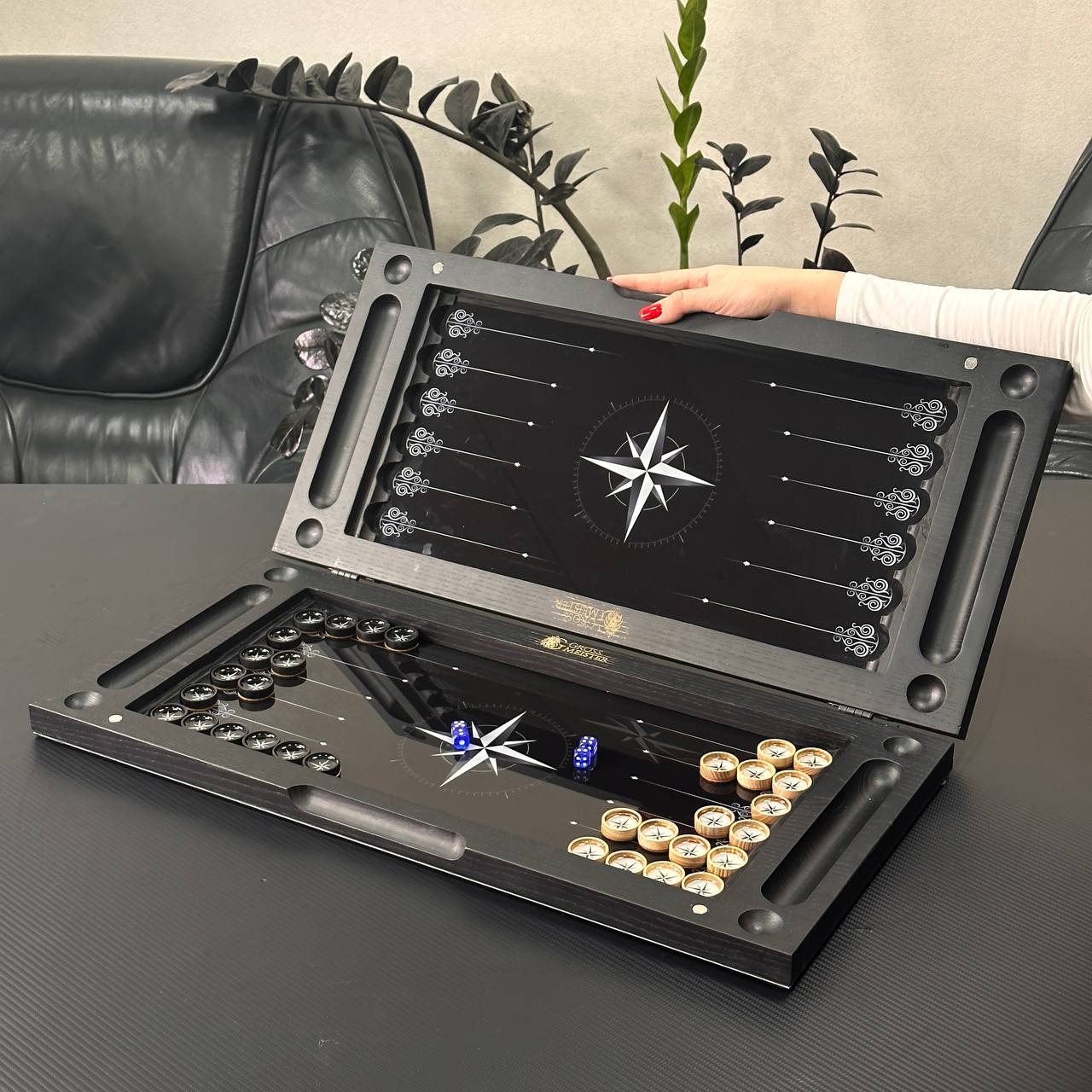 Large Glass&Wood Backgammon Set with Compass Star Wind Rose, Customized and Gift-ready