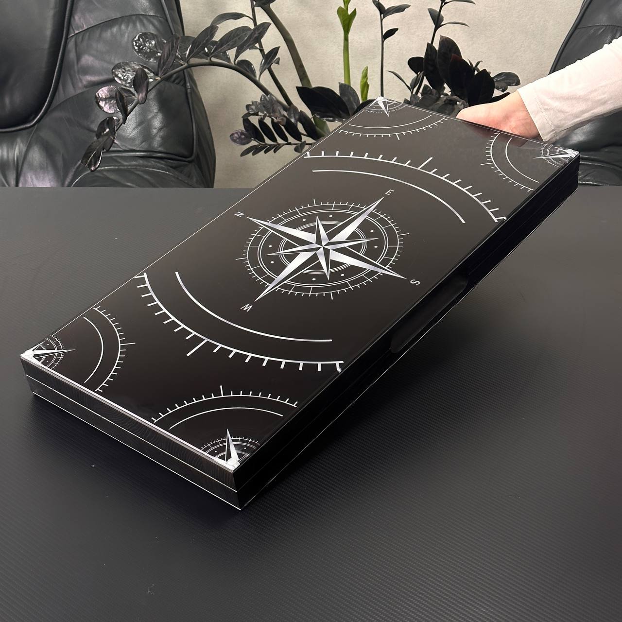 Large Glass&Wood Backgammon Set with Compass Star Wind Rose, Customized and Gift-ready