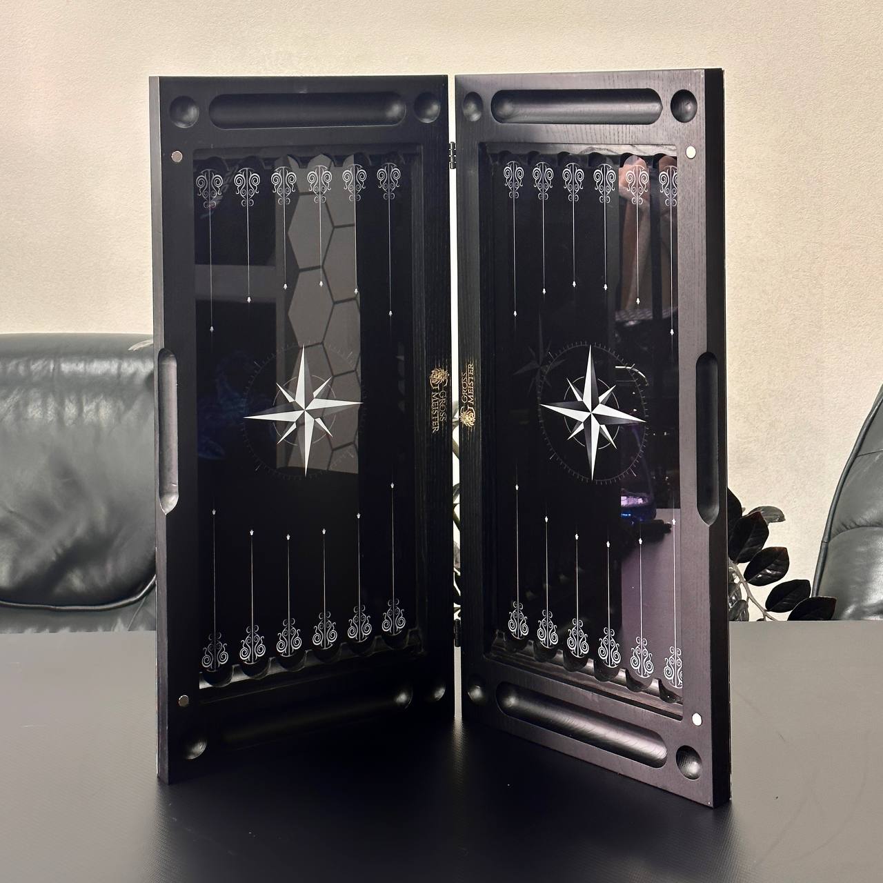Large Glass&Wood Backgammon Set with Compass Star Wind Rose, Customized and Gift-ready
