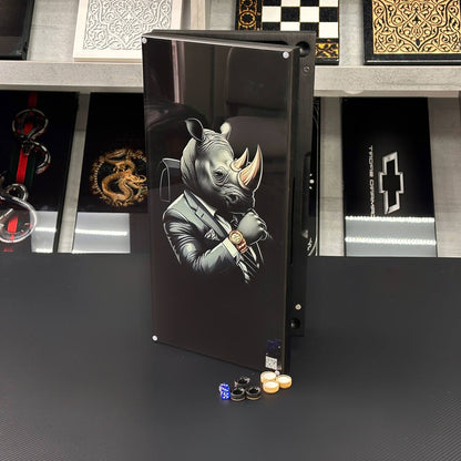 Luxuriöses Backgammon-Set aus Glas und Holz mit Nashorn, individuell gestaltet und als Geschenk geeignet