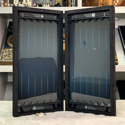 Luxuriöses handgefertigtes Backgammon-Set aus Metall und Carbon 60*30cm mit Acrylsteinstücken, Geschenkfertig VIP, blaue Linien