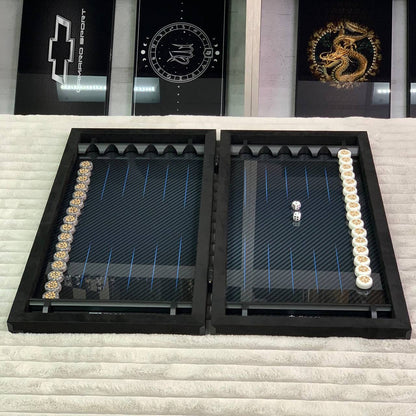 Luxuriöses handgefertigtes Backgammon-Set aus Metall und Carbon 60*30cm mit Acrylsteinstücken, Geschenkfertig VIP, blaue Linien
