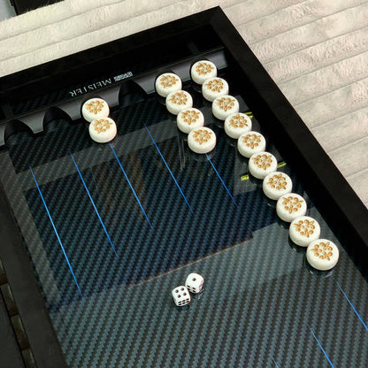 Luxuriöses handgefertigtes Backgammon-Set aus Metall und Carbon 60*30cm mit Acrylsteinstücken, Geschenkfertig VIP, blaue Linien