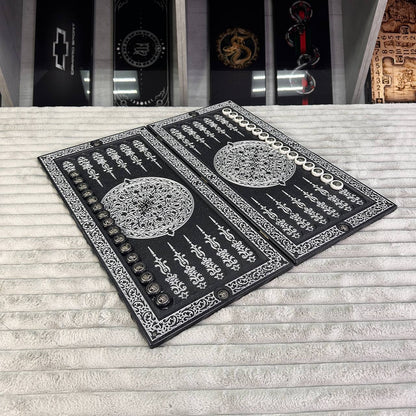 Luxus-Backgammon aus schwarzem Acrylstein "Silver Lion" 58×28cm, Light-Version, Steinbrett, Geschenkfertig