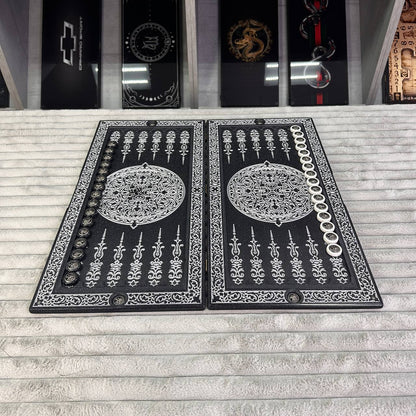 Luxus-Backgammon aus schwarzem Acrylstein "Silver Lion" 58×28cm, Light-Version, Steinbrett, Geschenkfertig