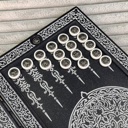 Luxus-Backgammon aus schwarzem Acrylstein "Silver Lion" 58×28cm, Light-Version, Steinbrett, Geschenkfertig