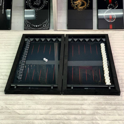 Luxuriöses handgefertigtes Backgammon-Set aus Metall und Carbon 60*30cm mit Metallteilen, Geschenkfertig VIP