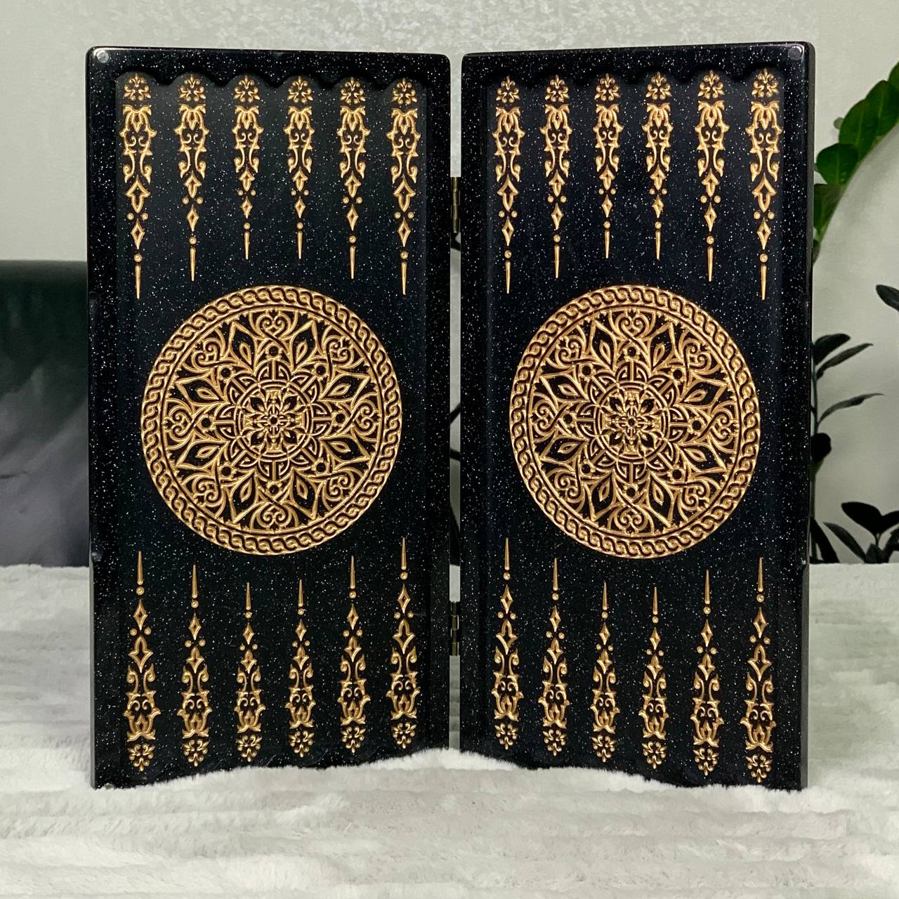 Luxury Black Acrylic Stone Backgammon "Golden Lion" Mini size 30*15cm, Gift-ready
