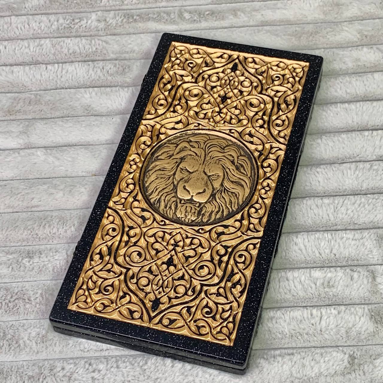 Luxury Black Acrylic Stone Backgammon "Golden Lion" Mini size 30*15cm, Gift-ready