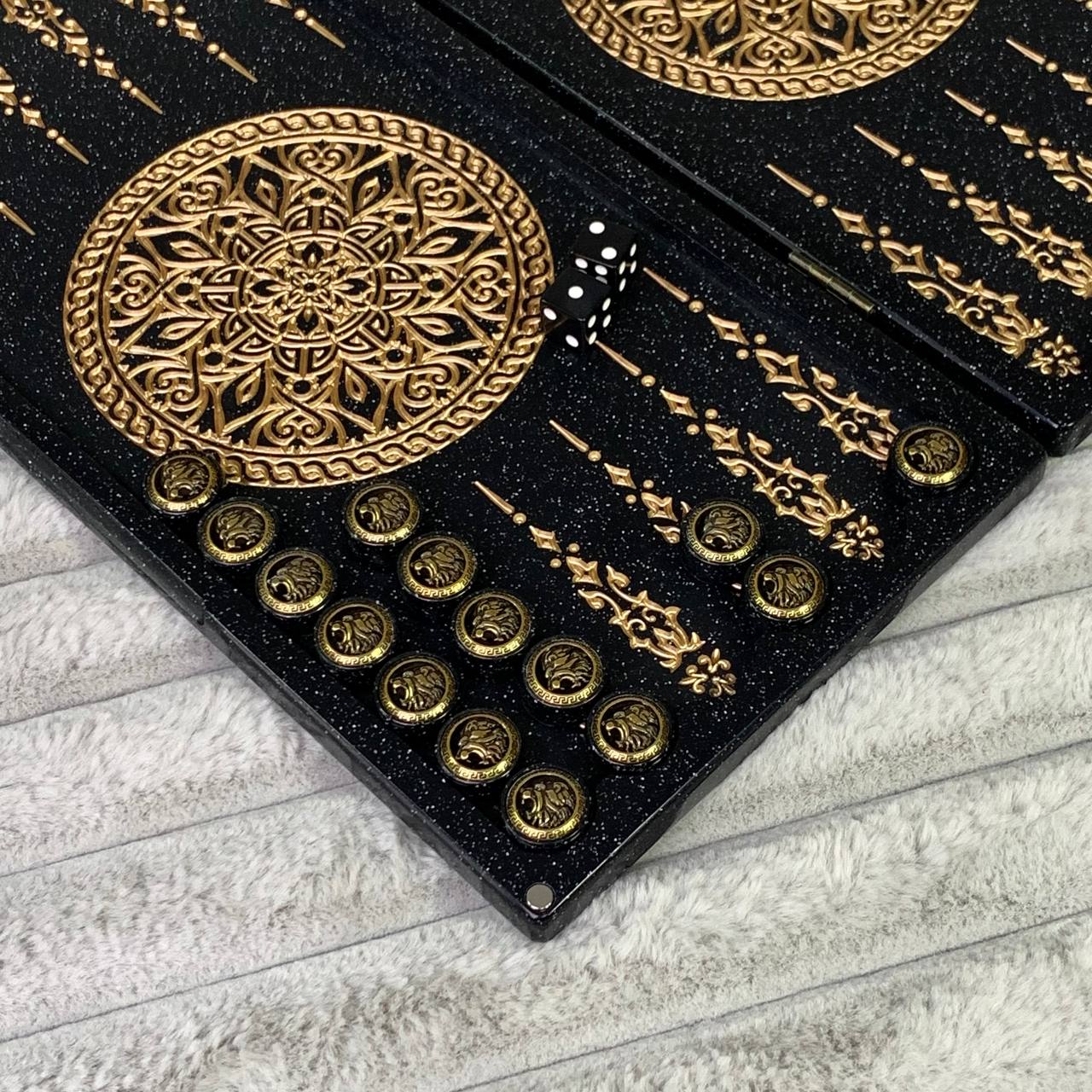 Luxury Black Acrylic Stone Backgammon "Golden Lion" Mini size 30*15cm, Gift-ready