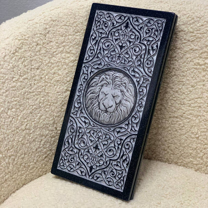 Luxus-Backgammon aus schwarzem Acrylstein "Silver Lion" 37 x 19 cm, leichte Version, Steinbrett, Geschenkfertig