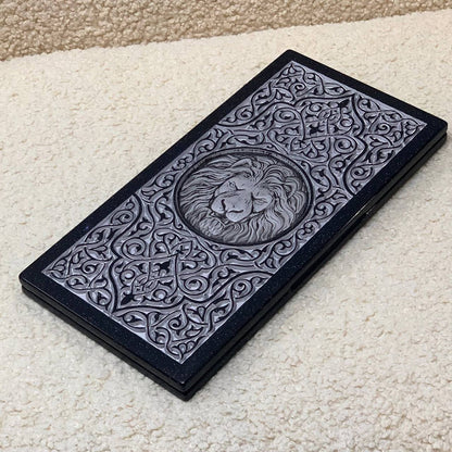 Luxus-Backgammon aus schwarzem Acrylstein "Silver Lion" 37 x 19 cm, leichte Version, Steinbrett, Geschenkfertig