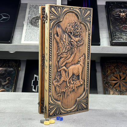 Jeu de backgammon en bois "Loup", 46×23×3cm, prêt à offrir et personnalisé.