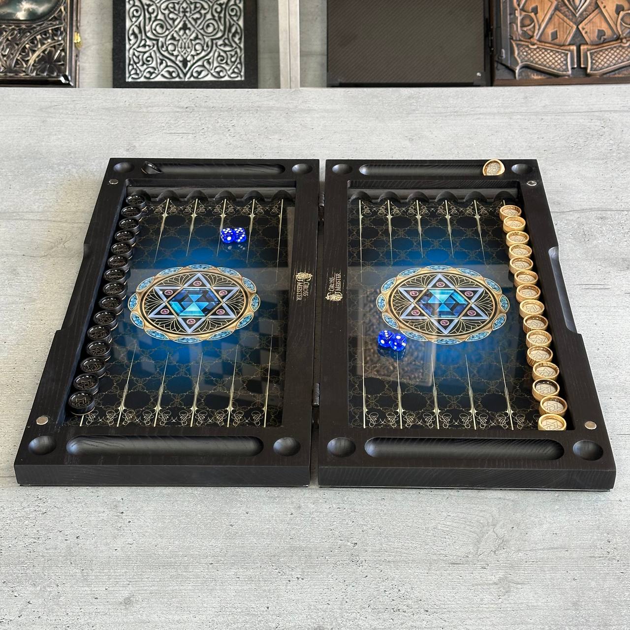Backgammon-Set aus Glas und Holz mit Davidstern, individuell anpassbar und als Geschenk geeignet