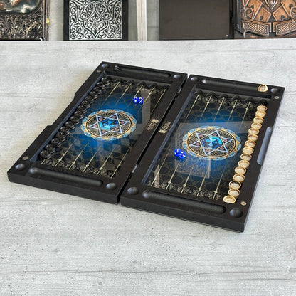 Backgammon-Set aus Glas und Holz mit Davidstern, individuell anpassbar und als Geschenk geeignet