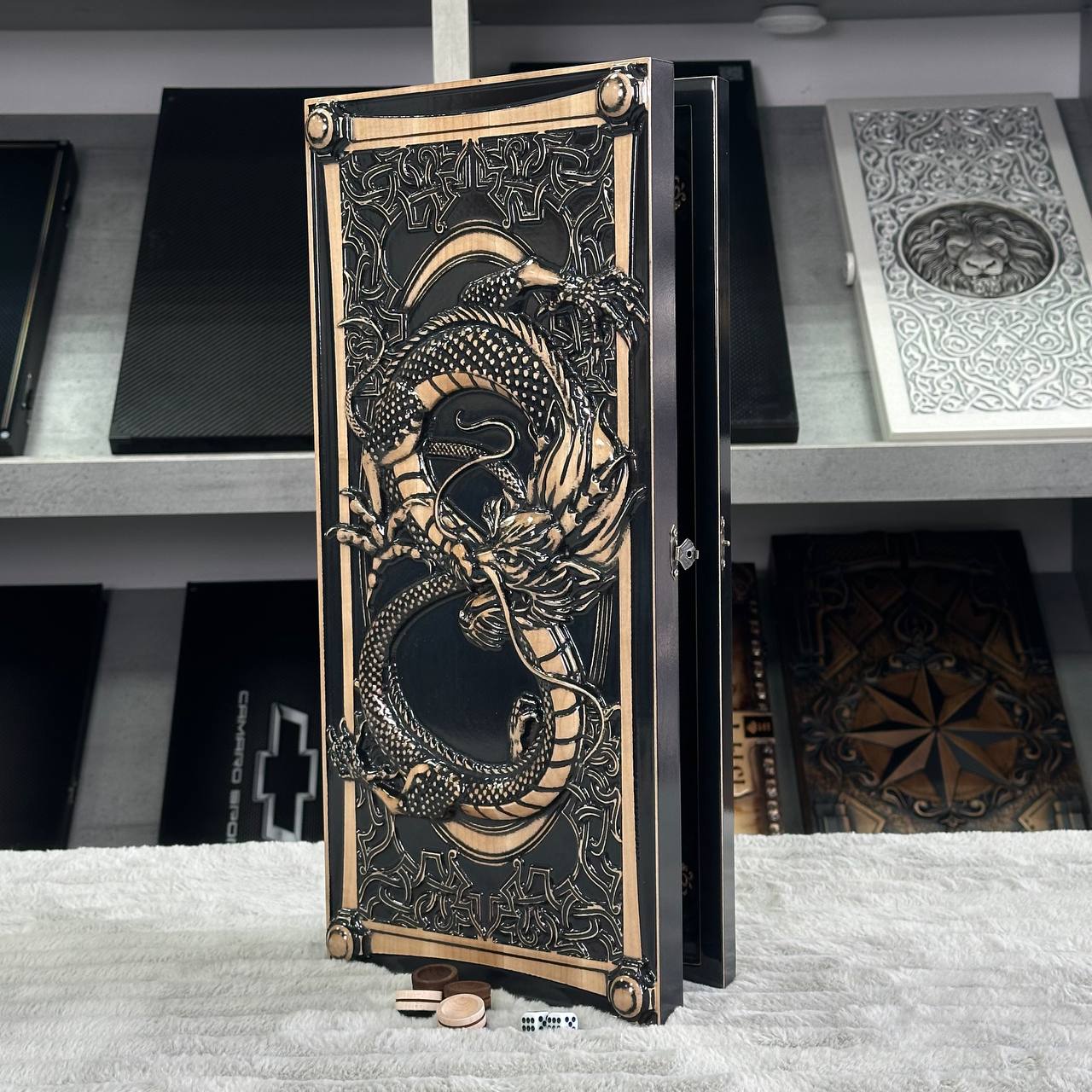 Wooden backgammon board game set "Dragon", travel backgammon 50*23cm. Gift-ready