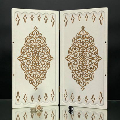 Luxuriöses handgefertigtes Backgammon-Set aus weißem Acrylstein, 37×19 cm, Art. 190652, Geschenkfertig
