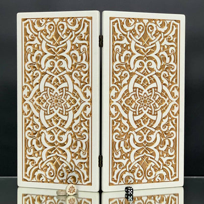 Luxuriöses handgefertigtes Backgammon-Set aus weißem Acrylstein, 37×19 cm, Art. 190652, Geschenkfertig