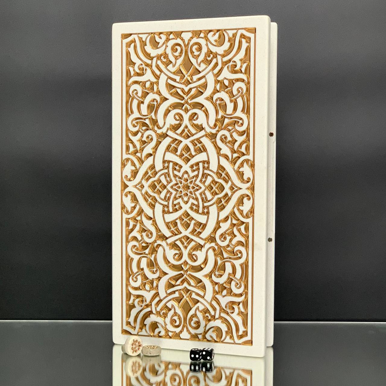 Luxuriöses handgefertigtes Backgammon-Set aus weißem Acrylstein, 37×19 cm, Art. 190652, Geschenkfertig