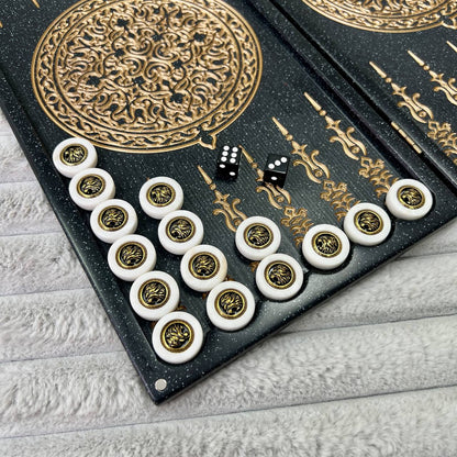 Luxus-Backgammon aus schwarzem Acrylstein „Goldener Löwe“ Minigröße 37 x 18,5 cm, Reisegröße, Geschenkfertig | Kostenlose weltweite Lieferung