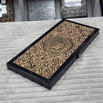 Luxury Black Acrylic Stone Backgammon "Golden Lion" 58*28cm Premium Board Gift-ready