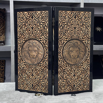 Luxury Black Acrylic Stone Backgammon "Golden Lion" 58*28cm Premium Board Gift-ready