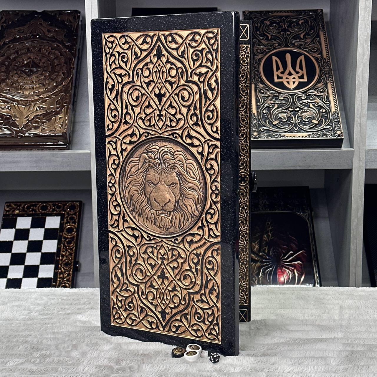 Luxury Black Acrylic Stone Backgammon "Golden Lion" 58*28cm Premium Board Gift-ready