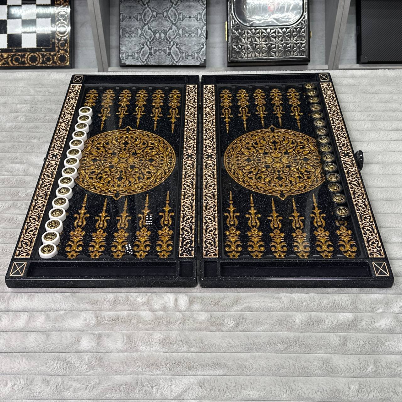 Luxury Black Acrylic Stone Backgammon "Golden Lion" 58*28cm Premium Board Gift-ready