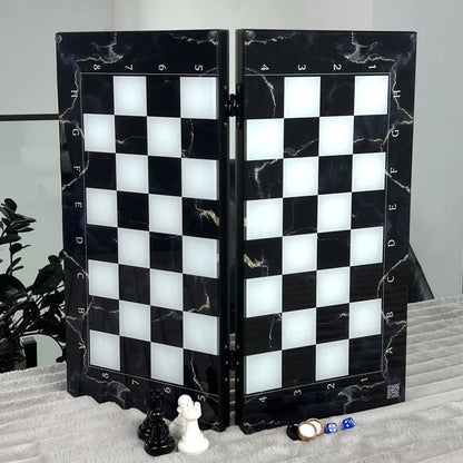 Jeu d'échecs et de backgammon en verre 3 en 1 dans un cadre en bois, 2 tailles, un jeu de société luxueux prêt à offrir
