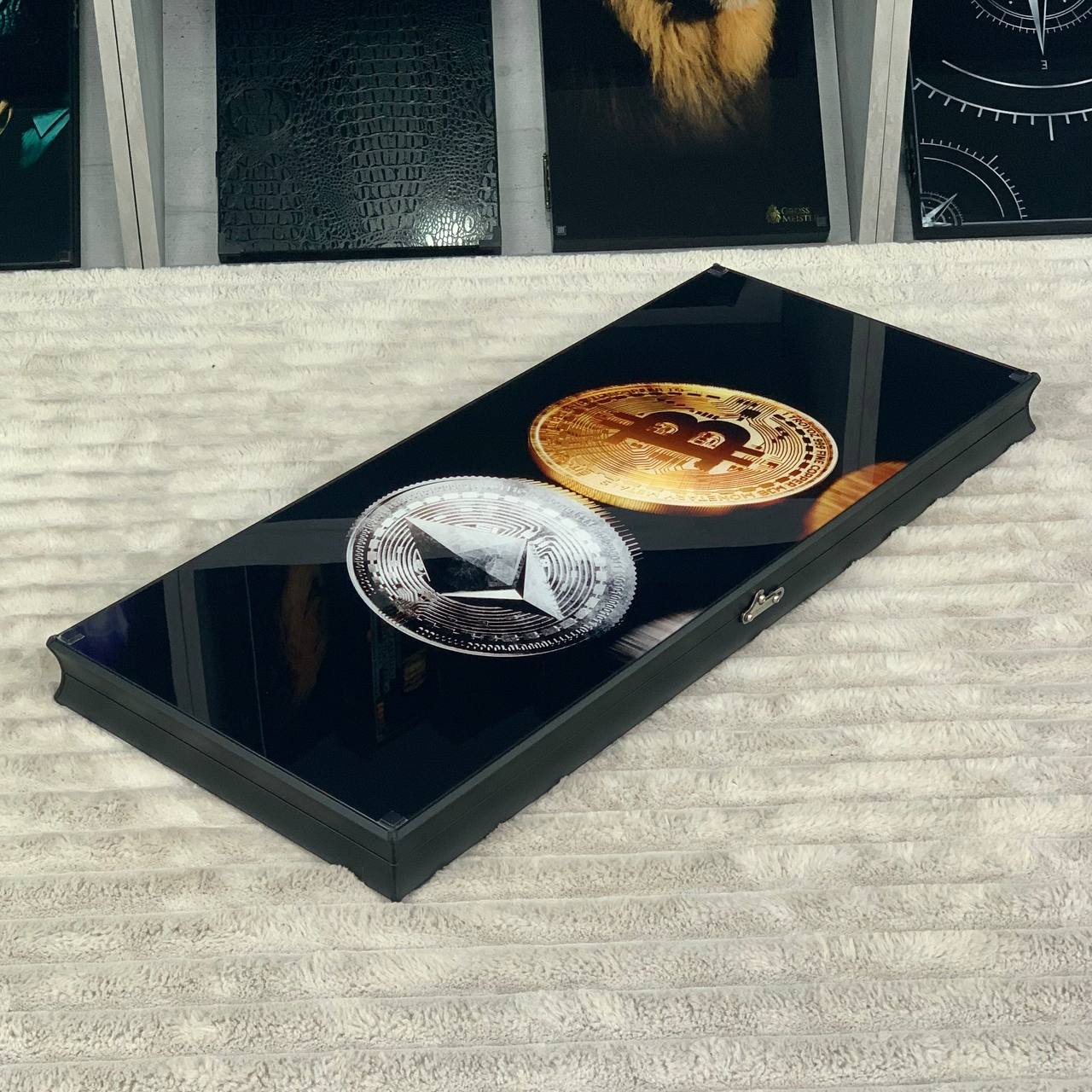 Backgammon en verre "Bitcoin", plateau de backgammon, cadeau pour le patron