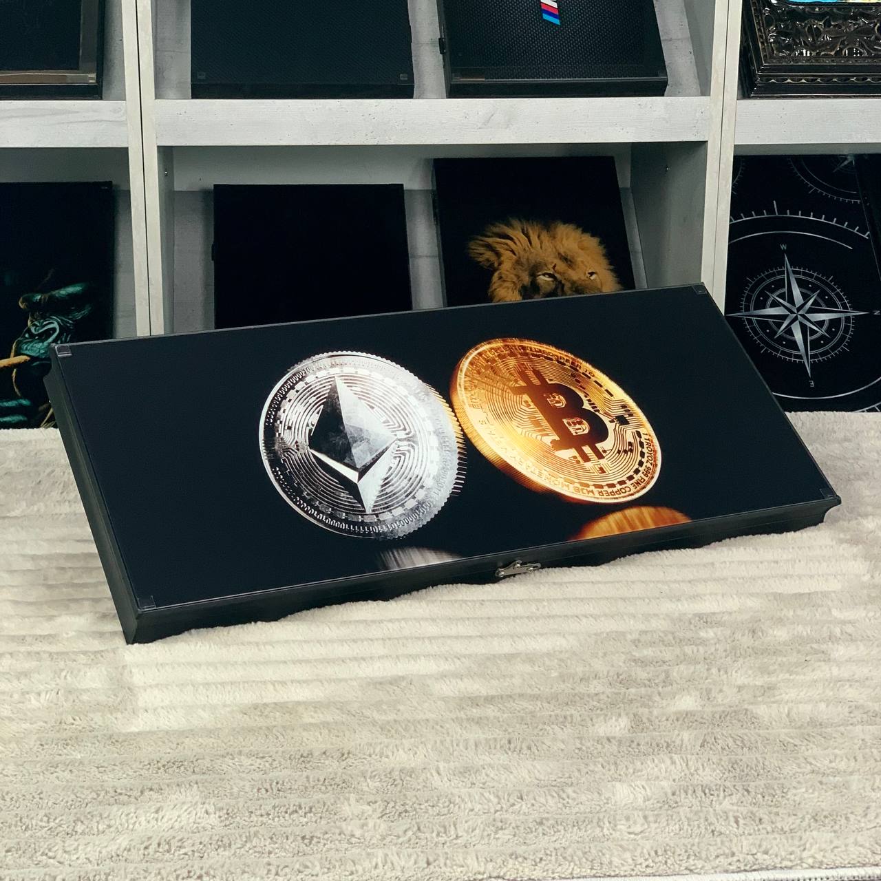 Backgammon en verre "Bitcoin", plateau de backgammon, cadeau pour le patron