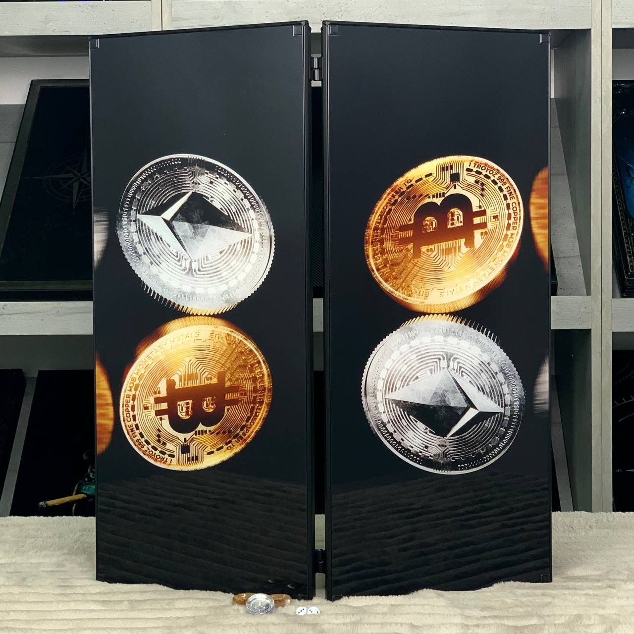 Backgammon en verre "Bitcoin", plateau de backgammon, cadeau pour le patron